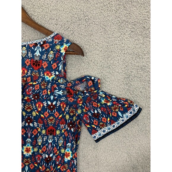 Women's Small (S) Fever Cold Shoulder Colorful Floral Blue Orange Red Blouse Top - Picture 6 of 16